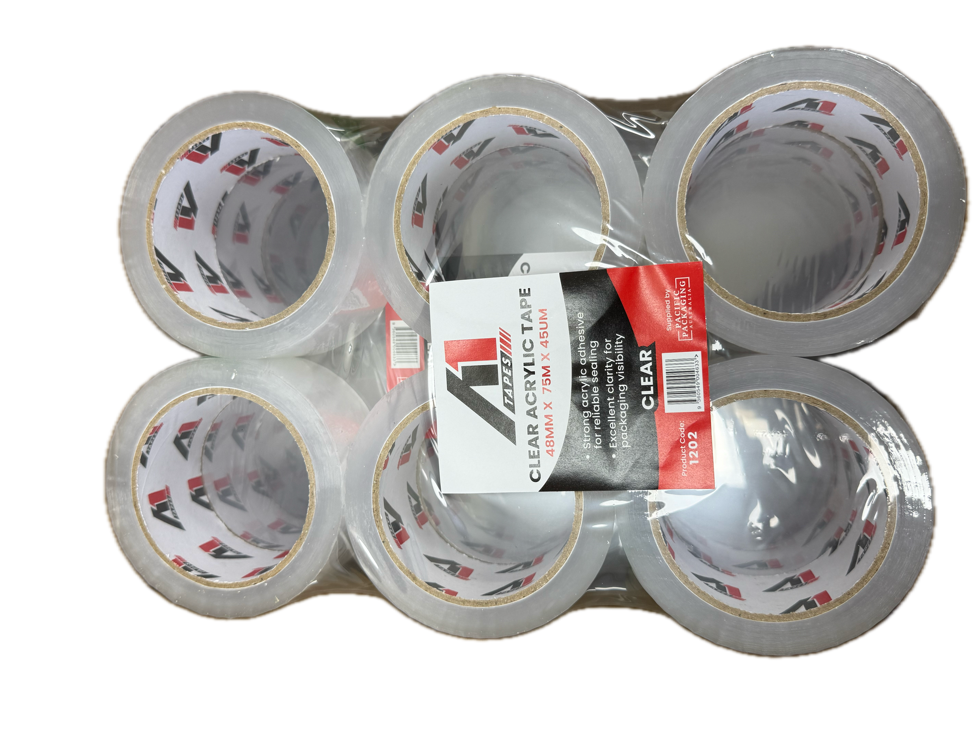 A1 Tapes clear acrylic packaging tape 48mm x 75m x 45UM pack view on white background