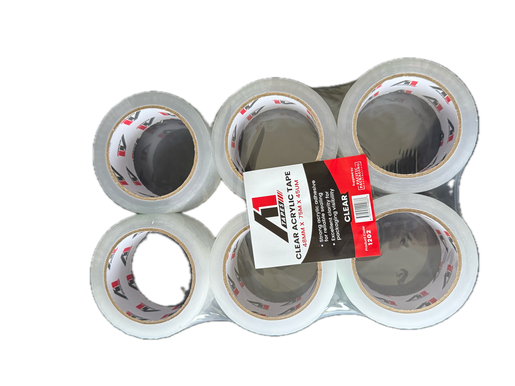 A1 Tapes clear acrylic packaging tape 48mm x 75m x 45UM front product view on white background