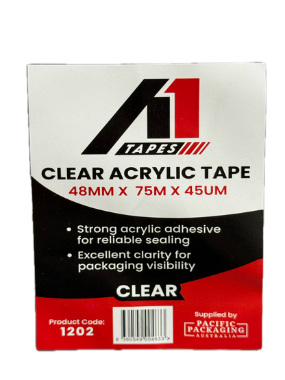 A1 Tapes clear acrylic packaging tape 48mm x 75m x 45UM side product view on white background