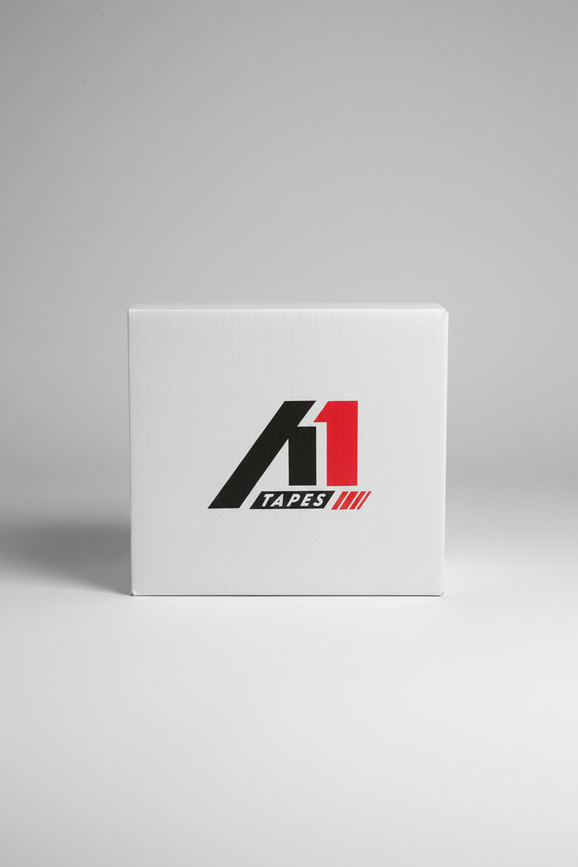 A1 Tapes clear acrylic packaging tape carton with A1 Tapes branding on white background