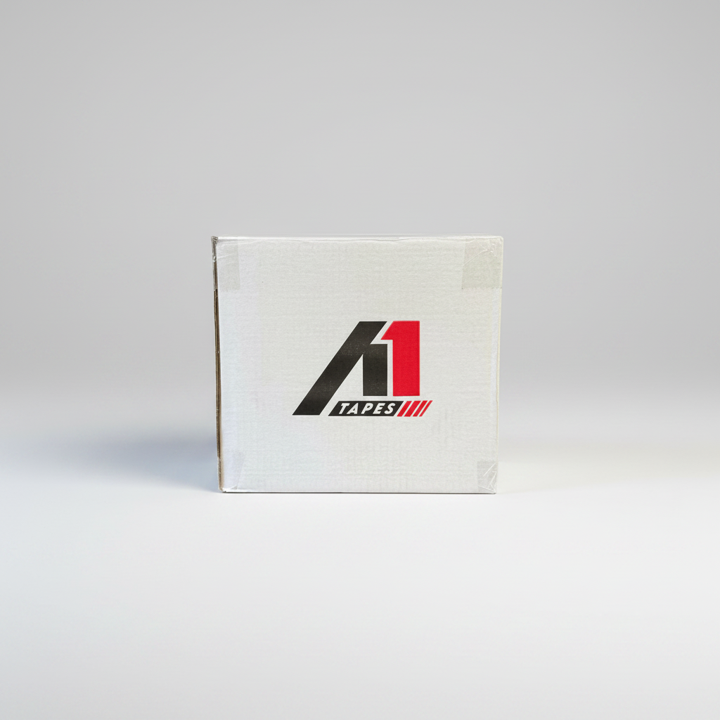 A1 Tapes clear acrylic packing tape carton with A1 Tapes branding on white background