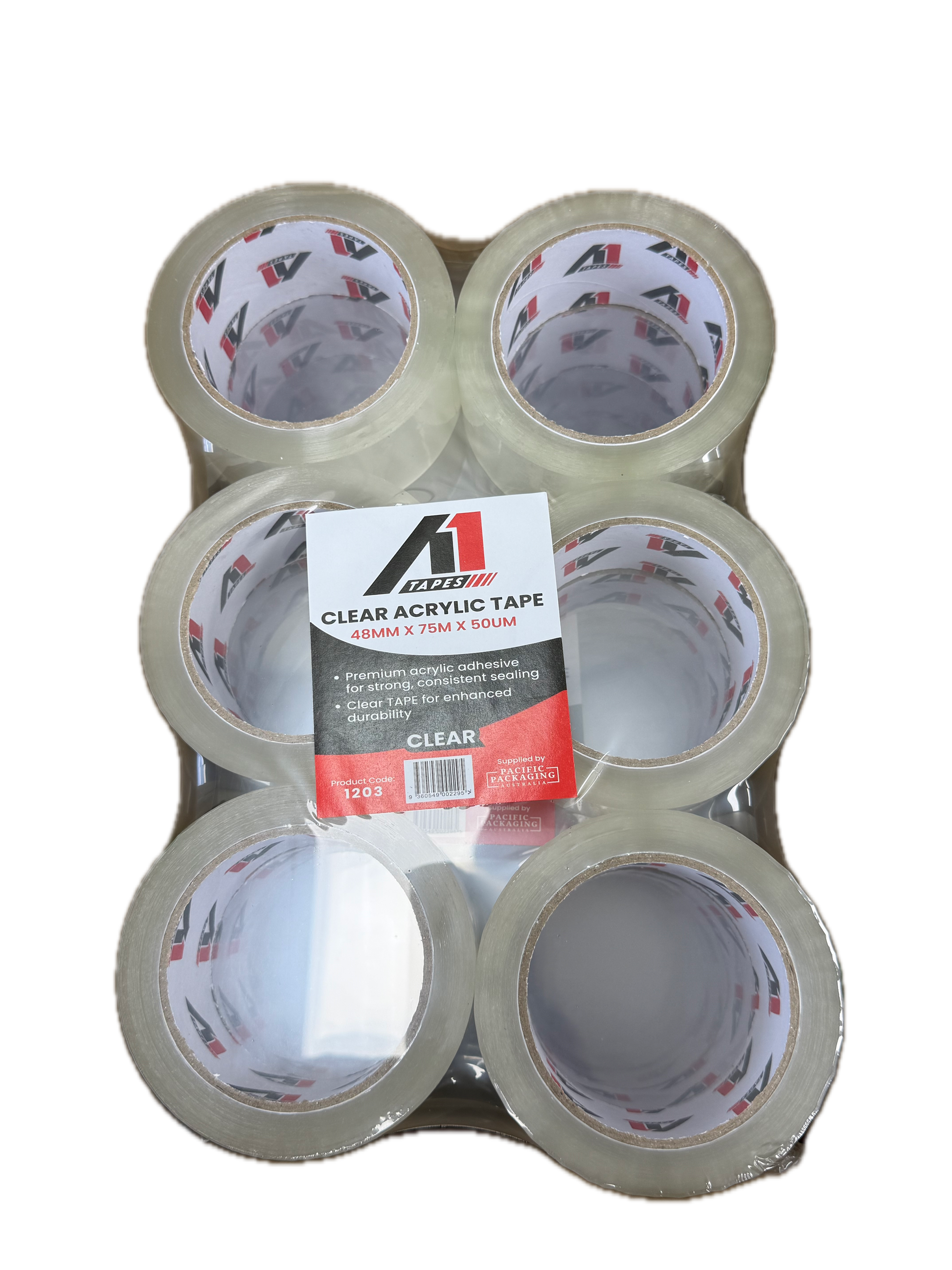 A1 Tapes clear acrylic packing tape 48mm x 75m x 50um front product view on white background