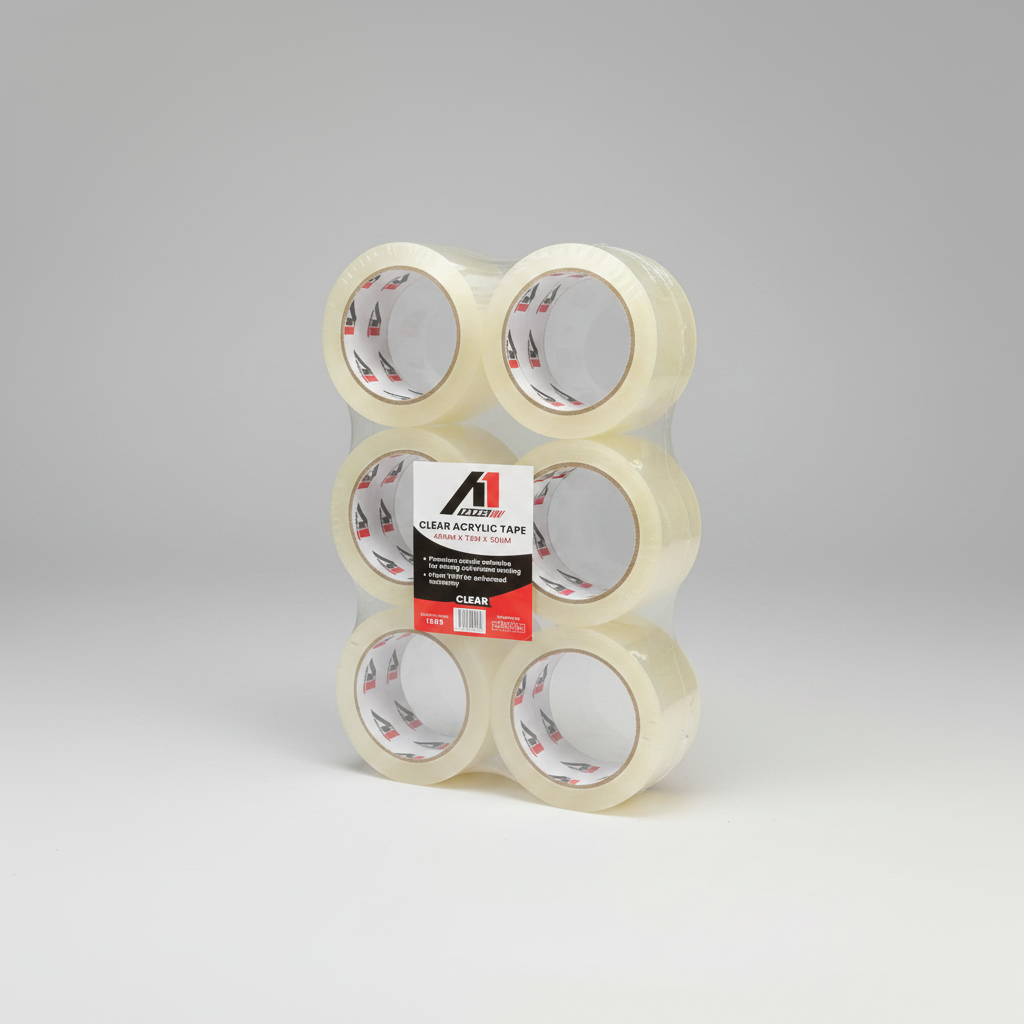 A1 Tapes clear acrylic packing tape 48mm x 75m x 50um pack shot on white background