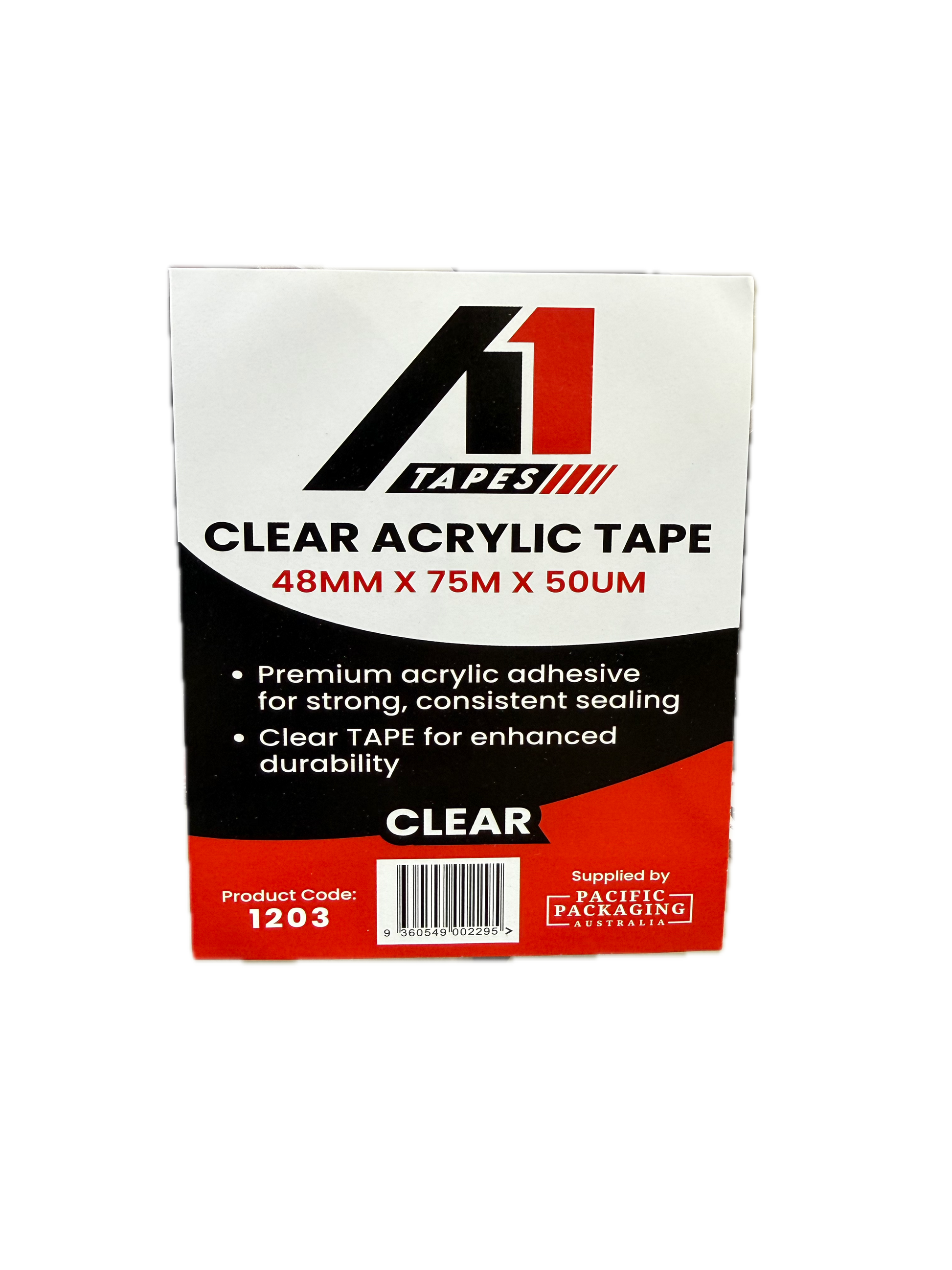 A1 Tapes clear acrylic packing tape 48mm x 75m x 50um close-up product view on white background