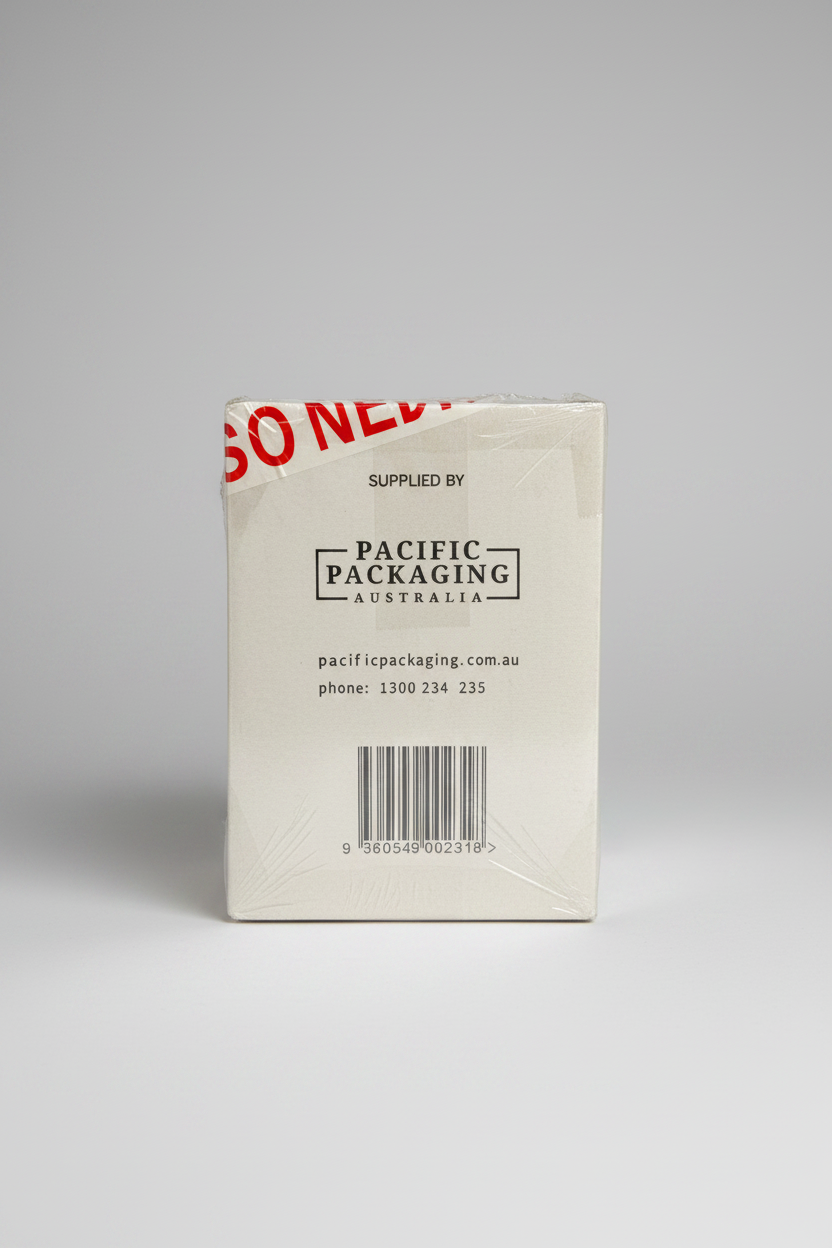 Back of a box with 'Pacific Packaging Australia' branding and contact information.