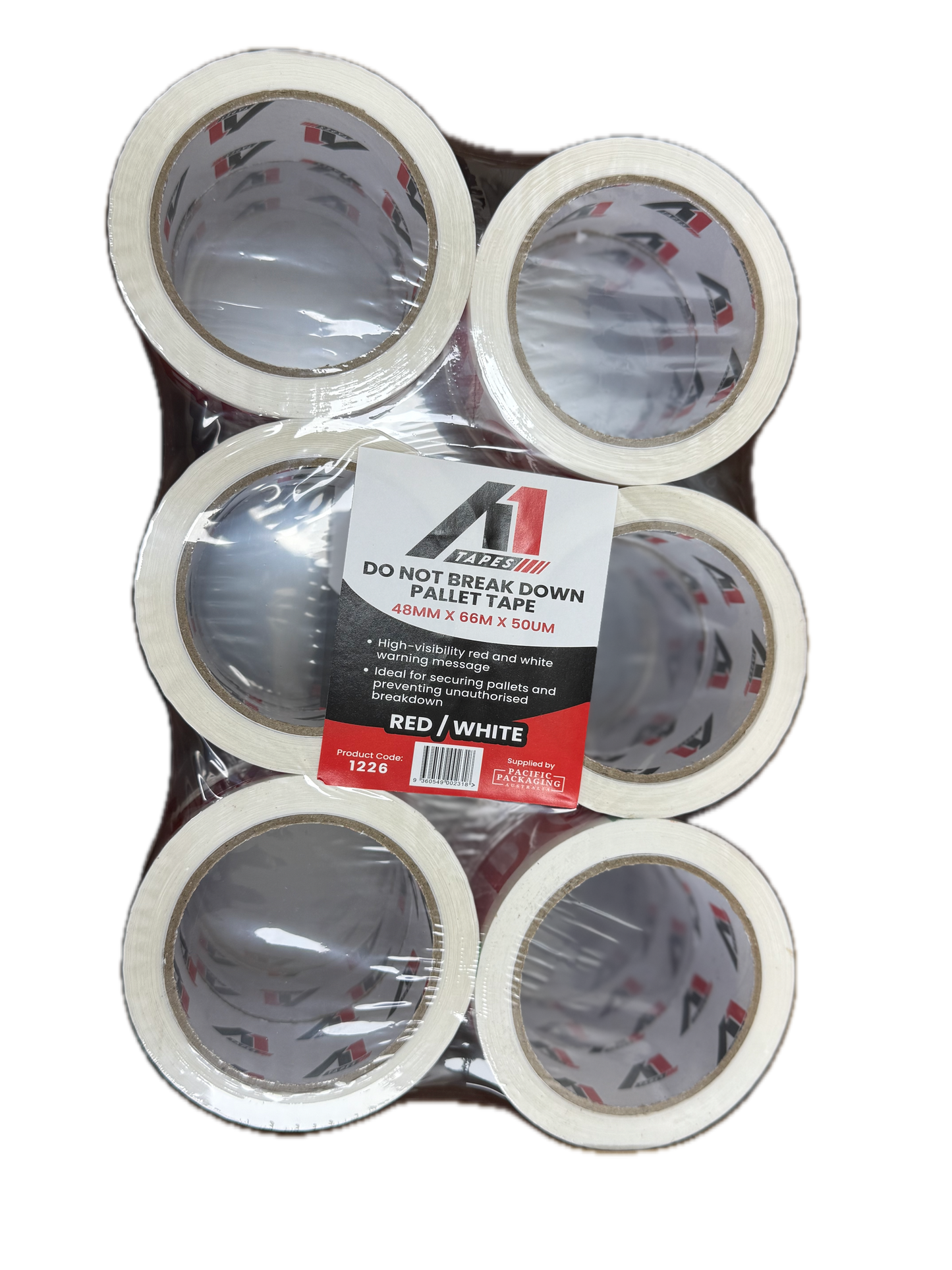 A1 Tapes Do Not Break Down Pallet Tape Red/White 48mm x 66m x 50um, 36 Rolls/Carton