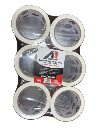A1 Tapes Do Not Break Down Pallet Tape Red/White 48mm x 66m x 50um, 36 Rolls/Carton