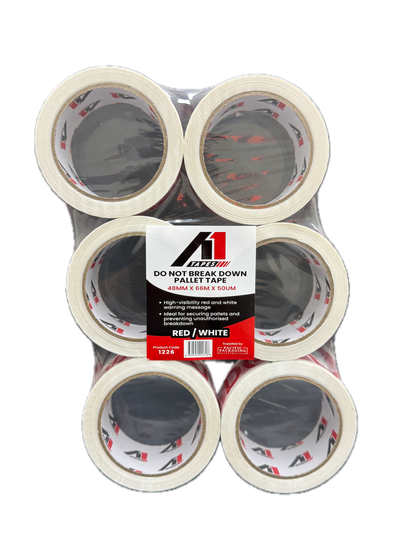 A1 Tapes Do Not Break Down Pallet Tape Red/White 48mm x 66m x 50um, 36 Rolls/Carton