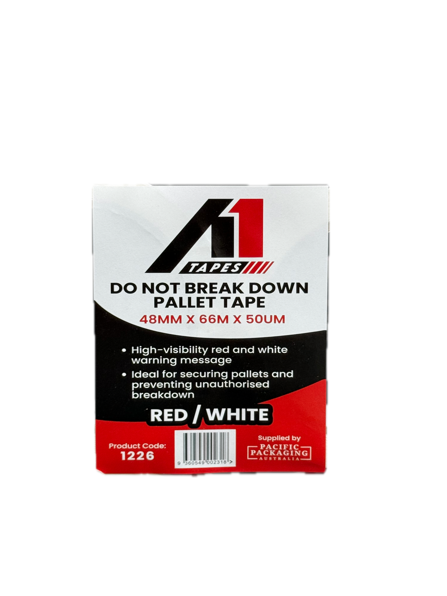 A1 Tapes Do Not Break Down Pallet Tape Red/White 48mm x 66m x 50um, 36 Rolls/Carton