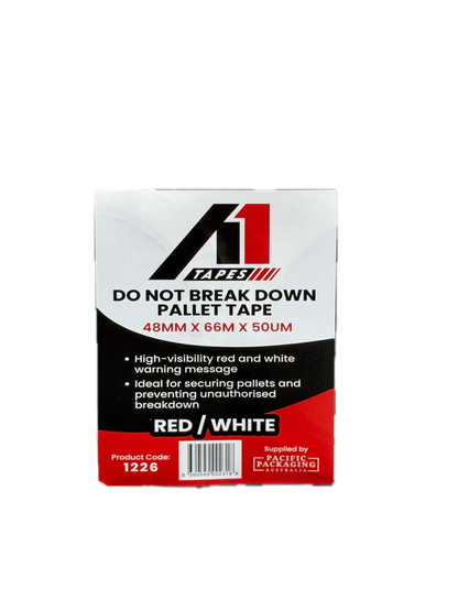 A1 Tapes Do Not Break Down Pallet Tape Red/White 48mm x 66m x 50um, 36 Rolls/Carton