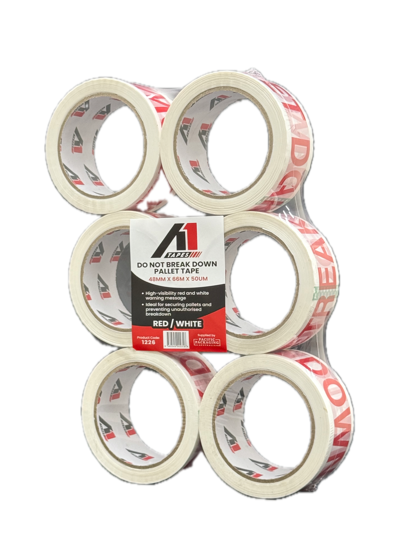 A1 Tapes Do Not Break Down Pallet Tape Red/White 48mm x 66m x 50um, 36 Rolls/Carton