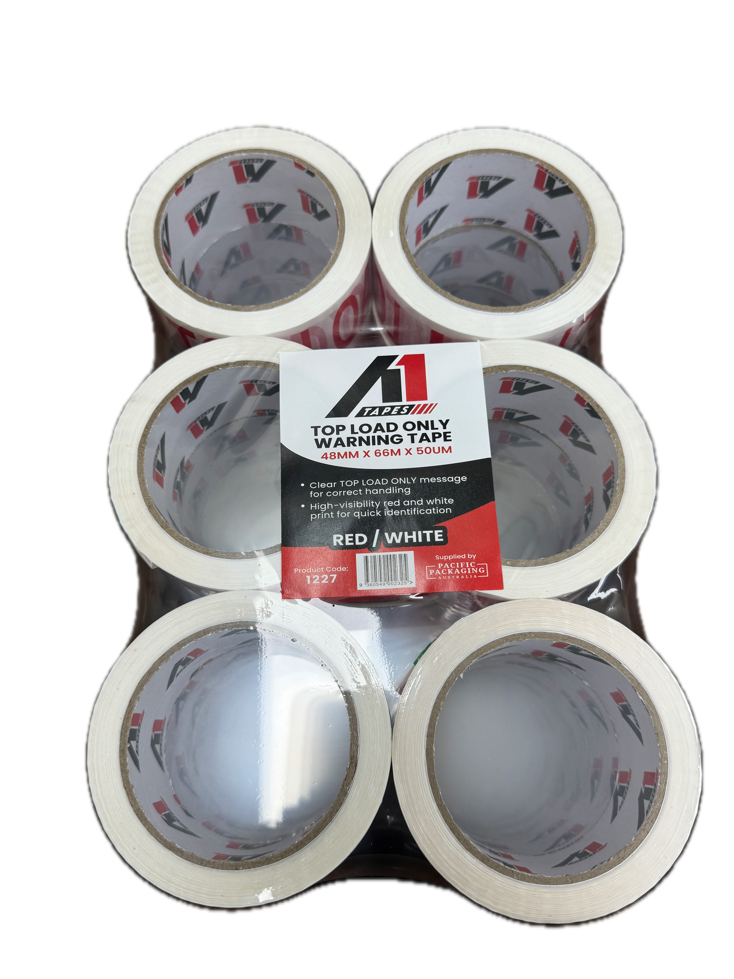 A1 Tapes Top Load Printed Tape Red/White 48mm x 66m x 50um, 36 Rolls/Carton