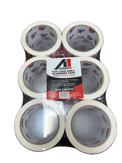 A1 Tapes Top Load Printed Tape Red/White 48mm x 66m x 50um, 36 Rolls/Carton