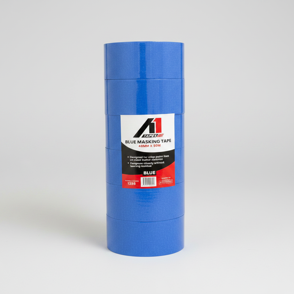 Blue masking tape roll with a brand label on a white background