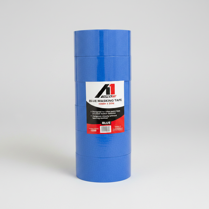 Blue masking tape roll with a brand label on a white background