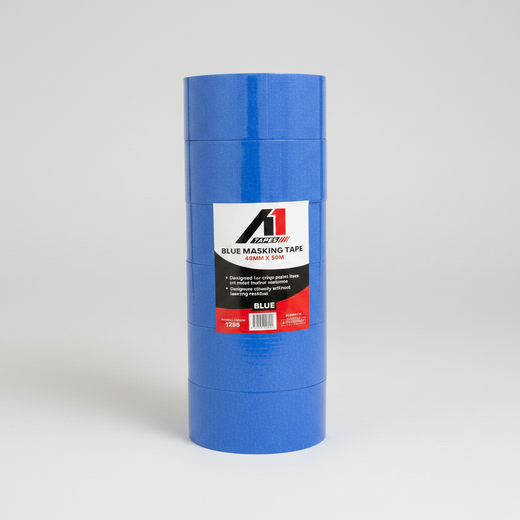Blue masking tape roll with a brand label on a white background
