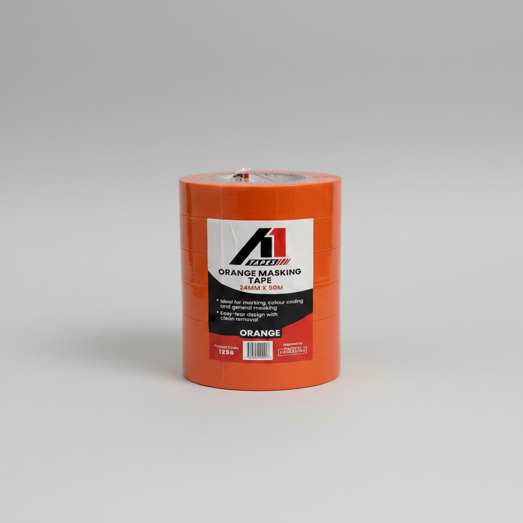 Orange masking tape roll with A1 Tapes label on a white background