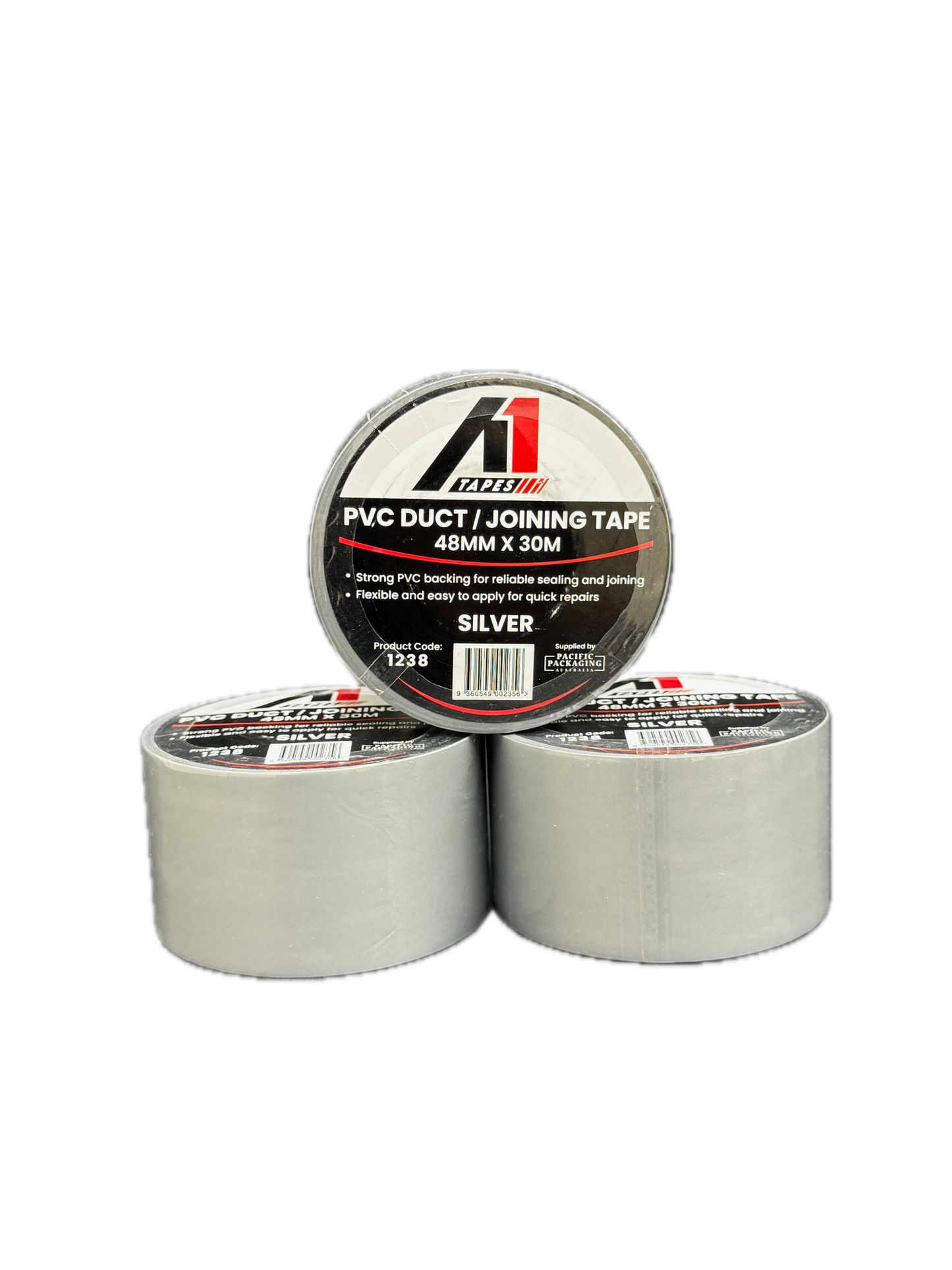 A1 Tapes Silver PVC Duct Tape 48mm x 30m x 130um, 36 Rolls/Carton
