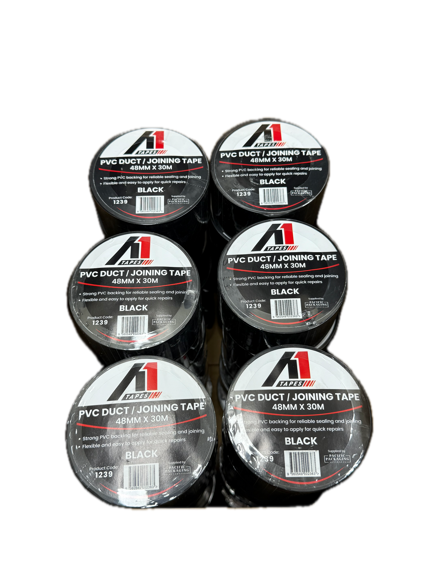 A1 Tapes Black PVC Duct Tape 48mm x 30m x 130um, 36 Rolls/Carton