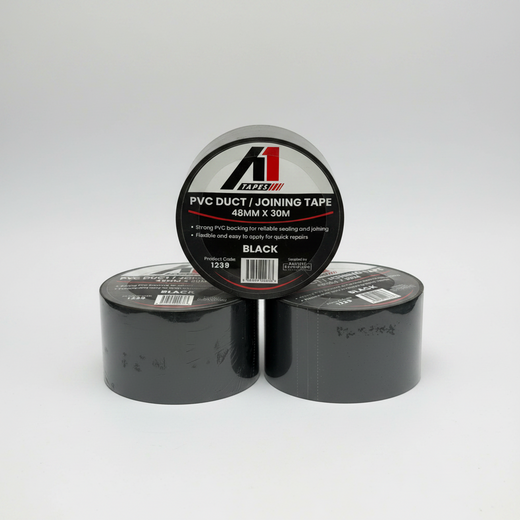 Black PVC duct tape roll, back view, 48mm width