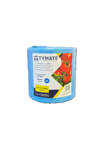 TYMATE Blue Polypropylene Horticultural Twine spool, back view, with label