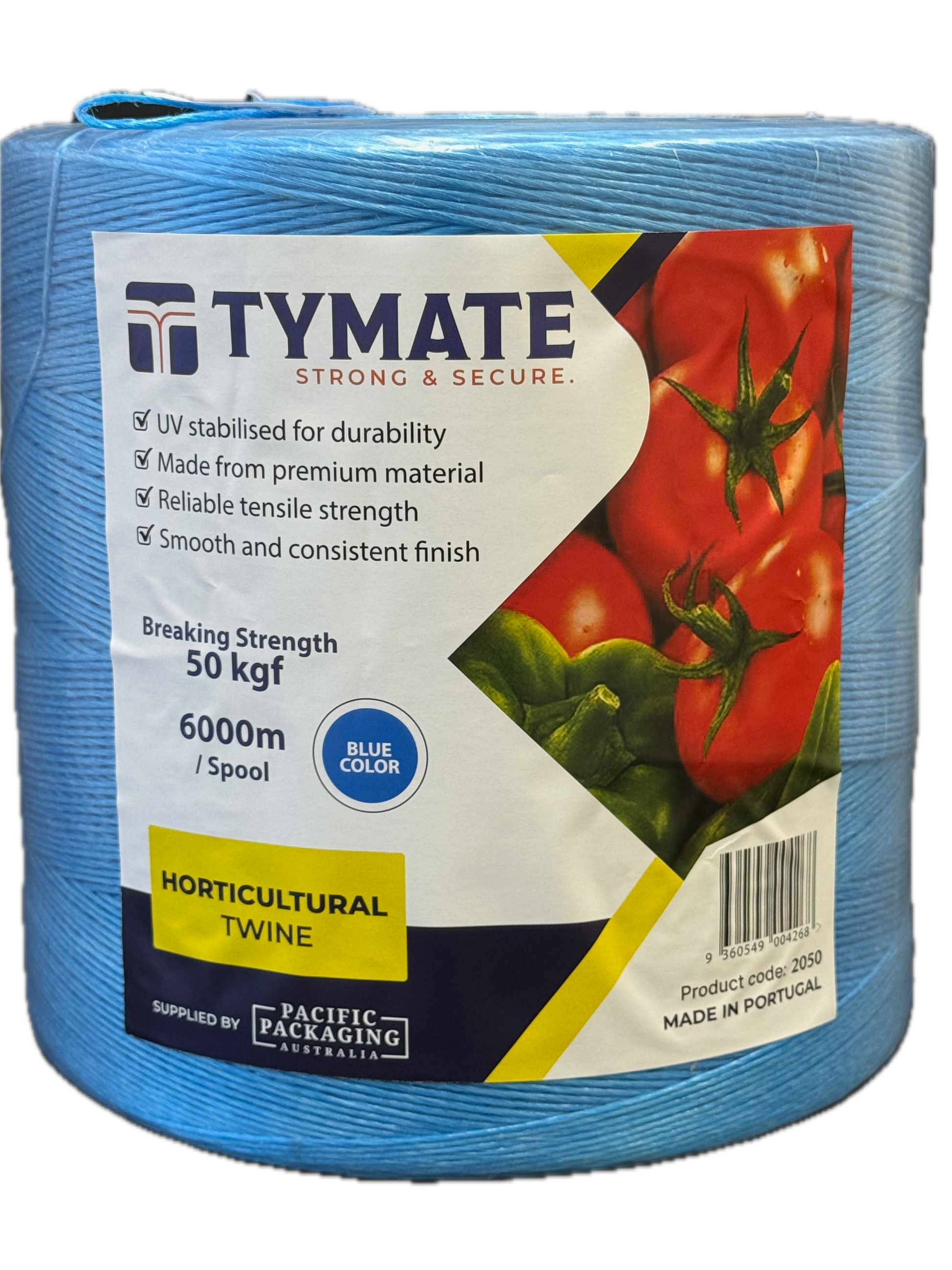 TYMATE Blue Polypropylene Horticultural Twine spool, back view, with label
