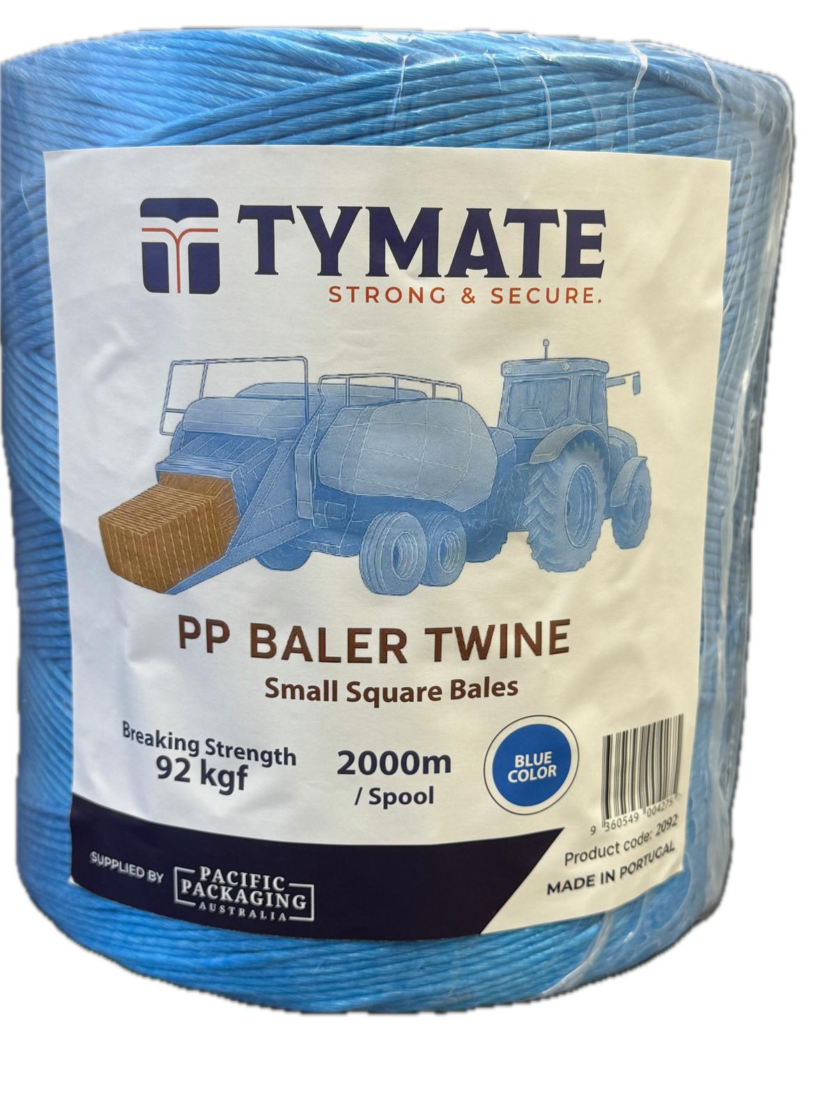 TYMATE PP Baler Twine spool, back view, blue twine wrapped around core