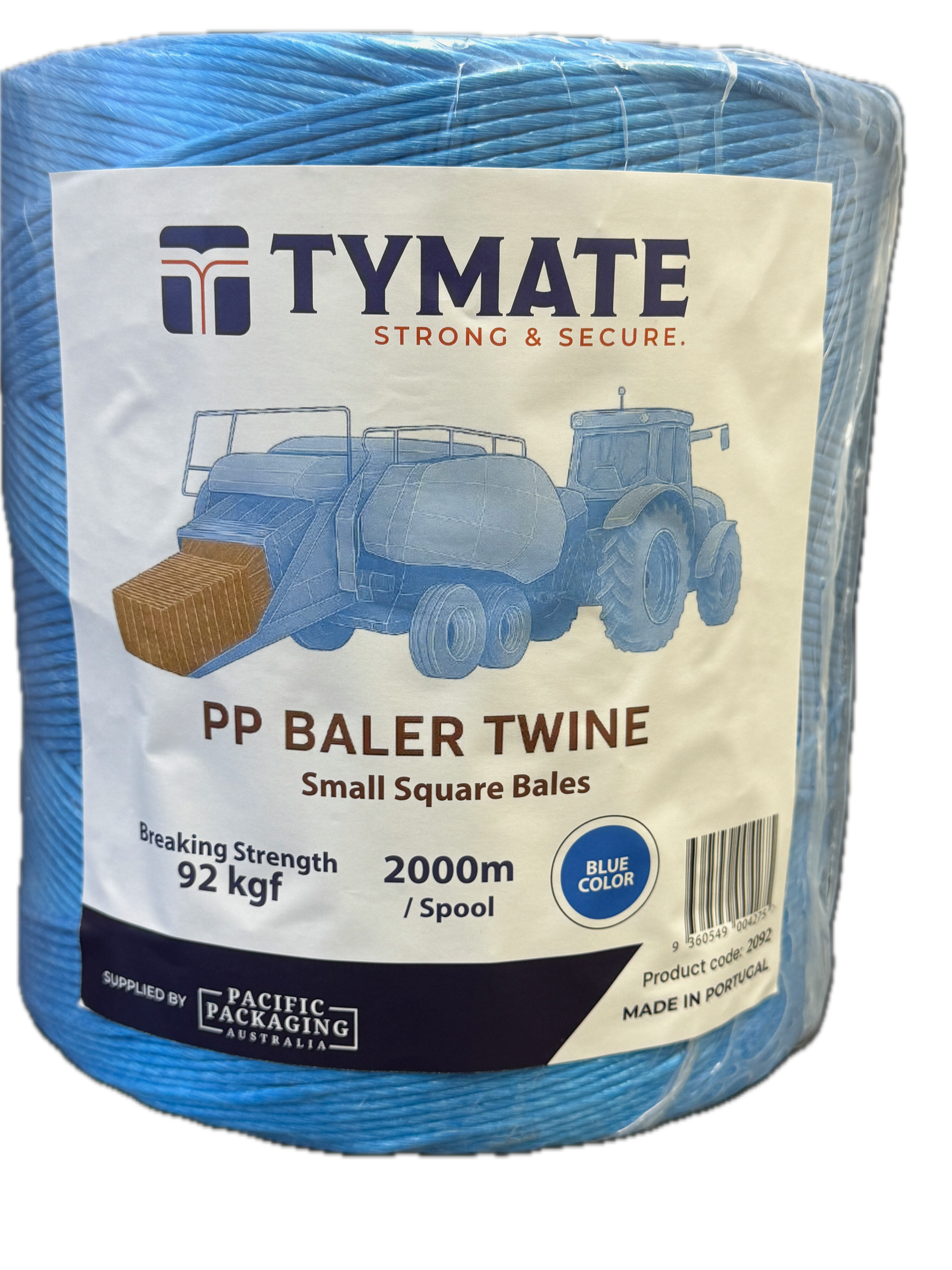 TYMATE PP Baler Twine spool, back view, blue twine wrapped around core