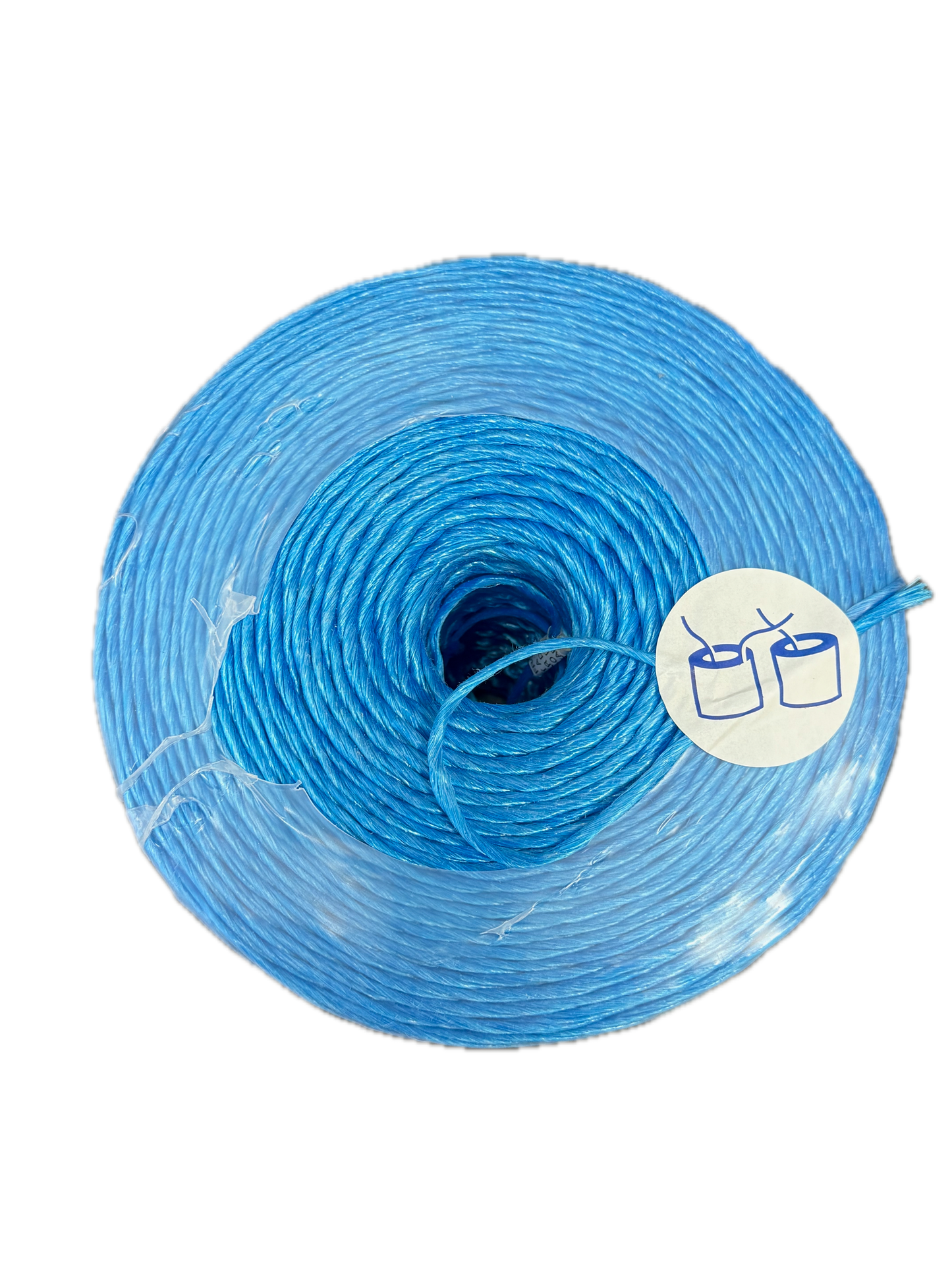 TYMATE PP Baler Twine spool, back view, blue twine wrapped around central core