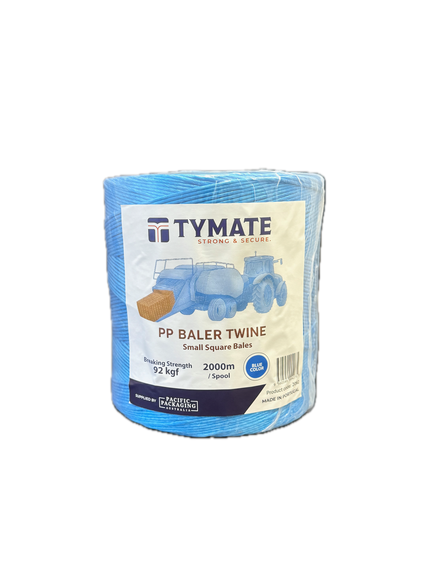 TYMATE PP Baler Twine spool, back view, blue twine wrapped around central core