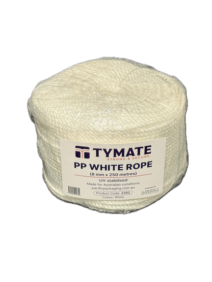 TYMATE White Polypropylene Rope 8mm x 250m – 3 Strand Twist Coil