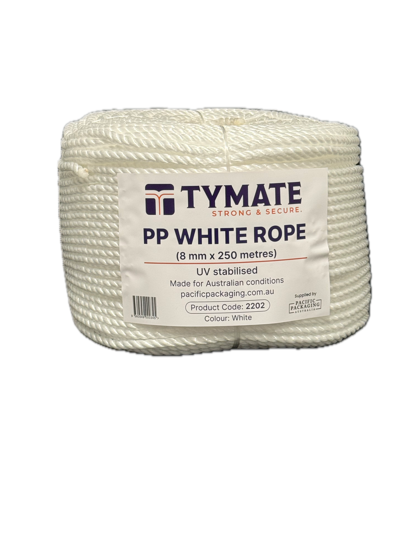 TYMATE White Polypropylene Rope 8mm x 250m – 3 Strand Twist Coil