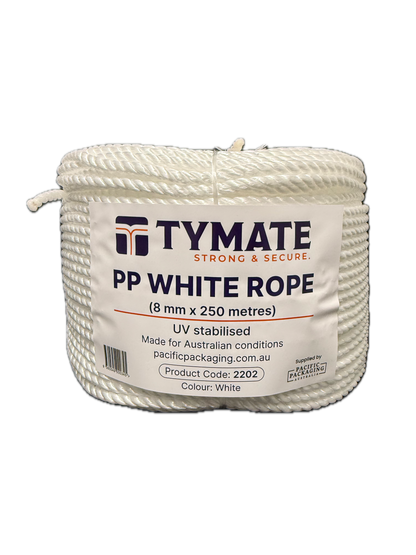 TYMATE White Polypropylene Rope 8mm x 250m – 3 Strand Twist Coil