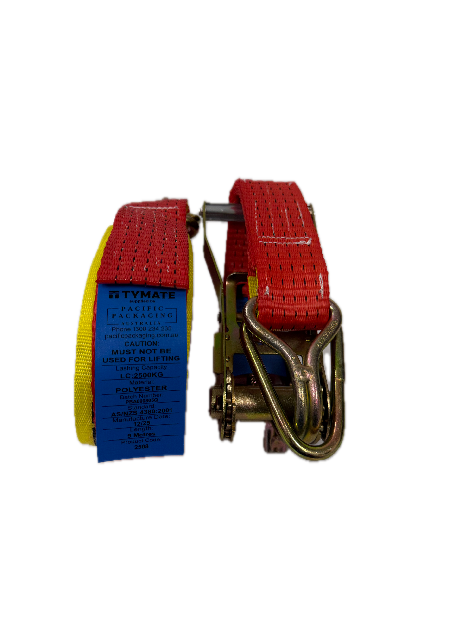 TYMATE Ratchet Tie Down 9m x 50mm LC 2500kg Hook & Keeper – Red