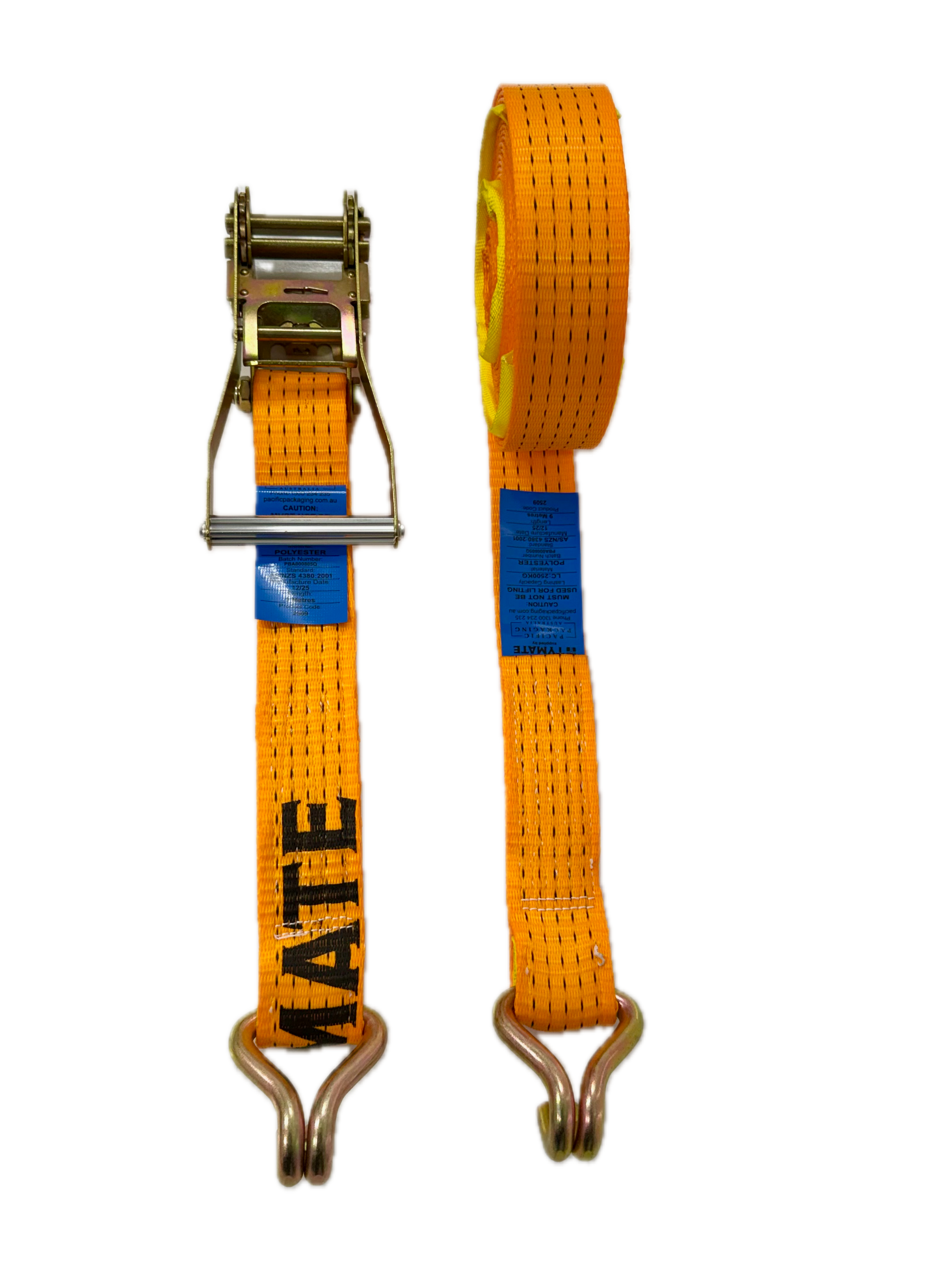 TYMATE Ratchet Tie Down 9m x 50mm LC 2500kg Double J Hooks – Orange