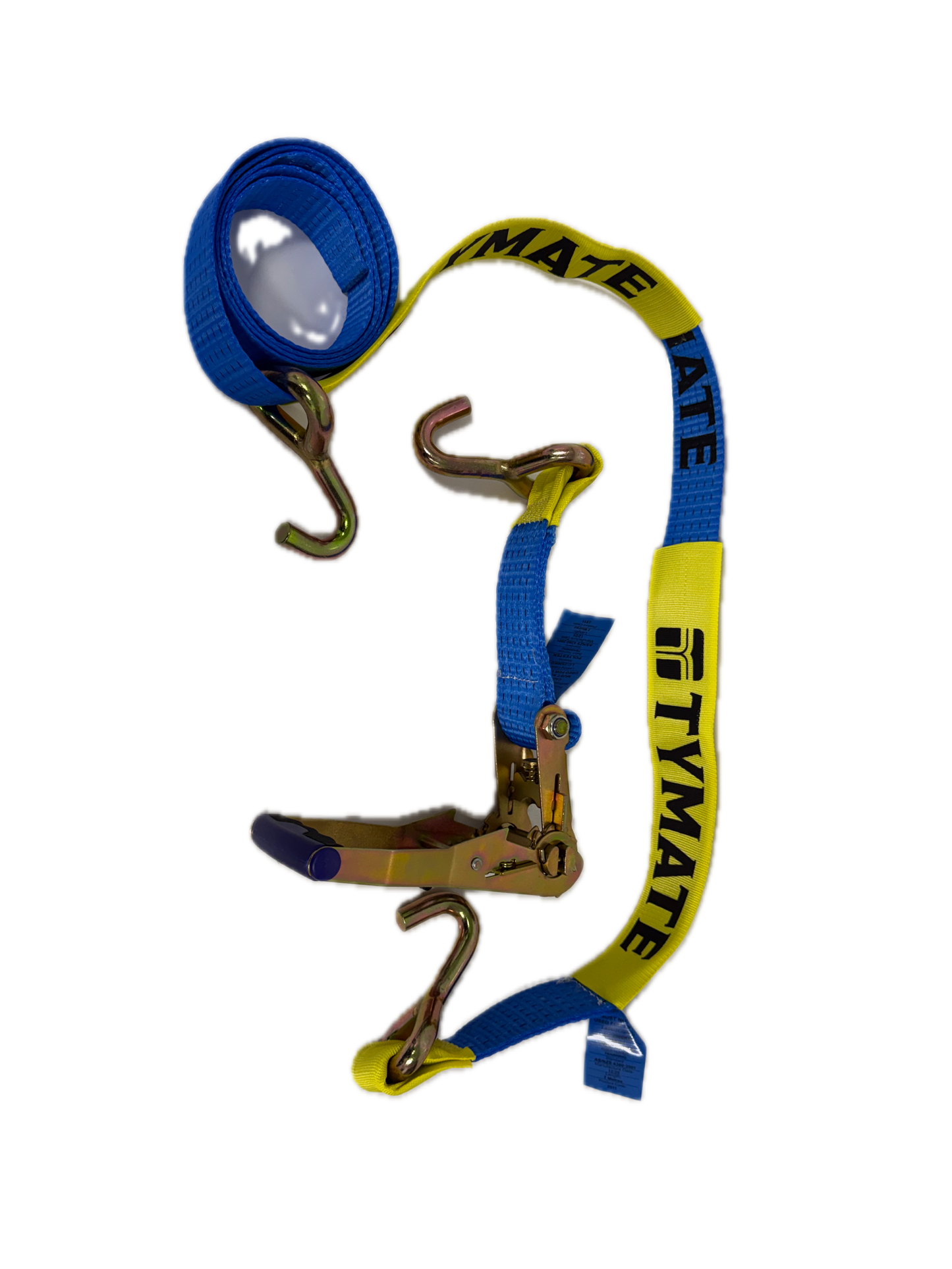 Tymate safety harness with blue and yellow strap on a white background