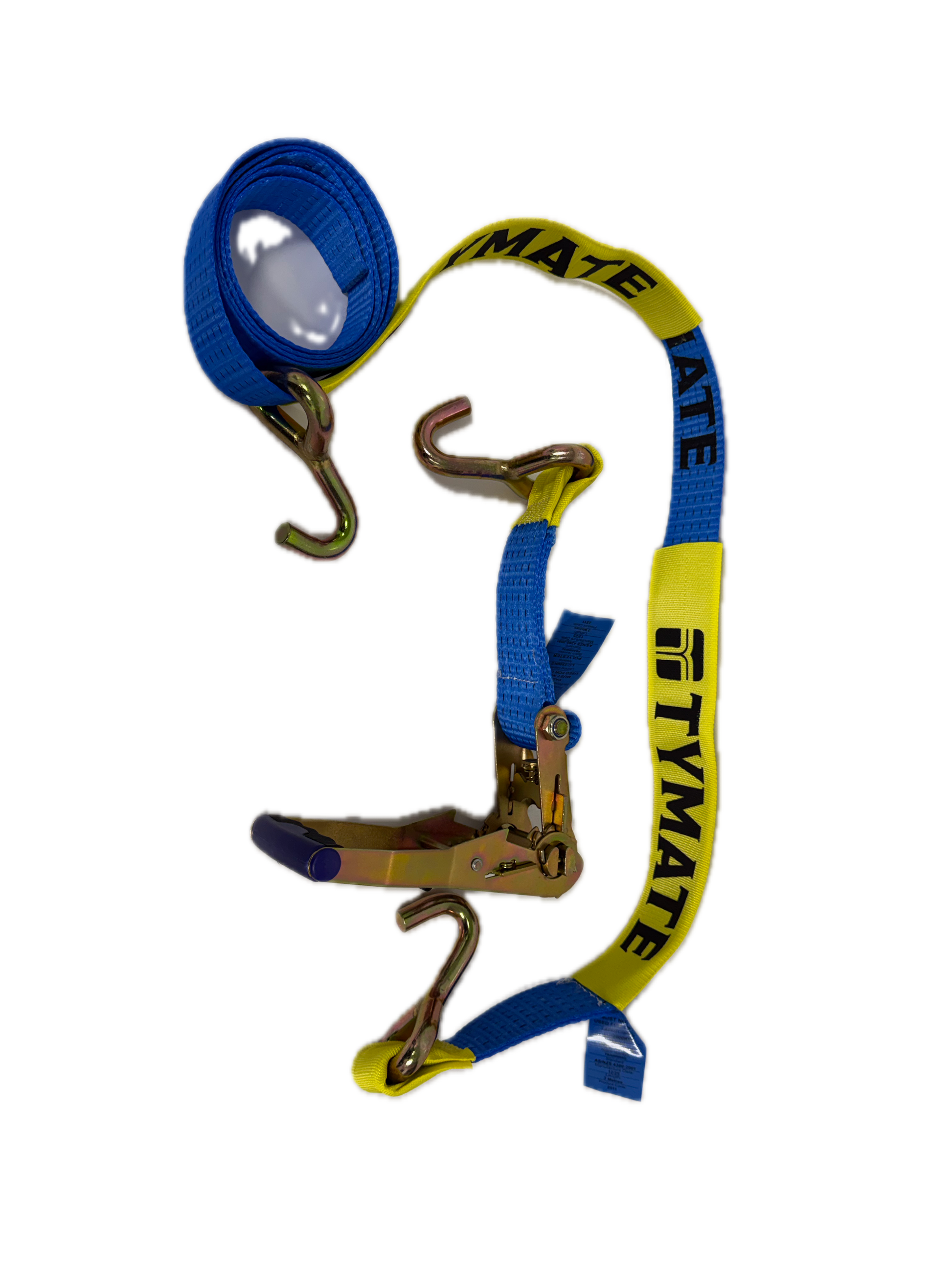 Tymate safety harness with blue and yellow strap on a white background