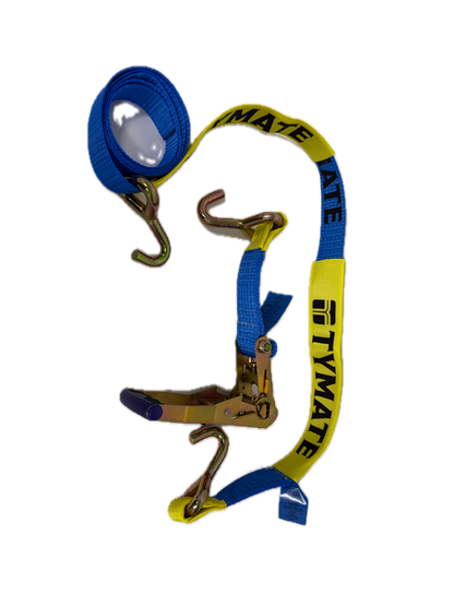 Tymate safety harness with blue and yellow strap on a white background
