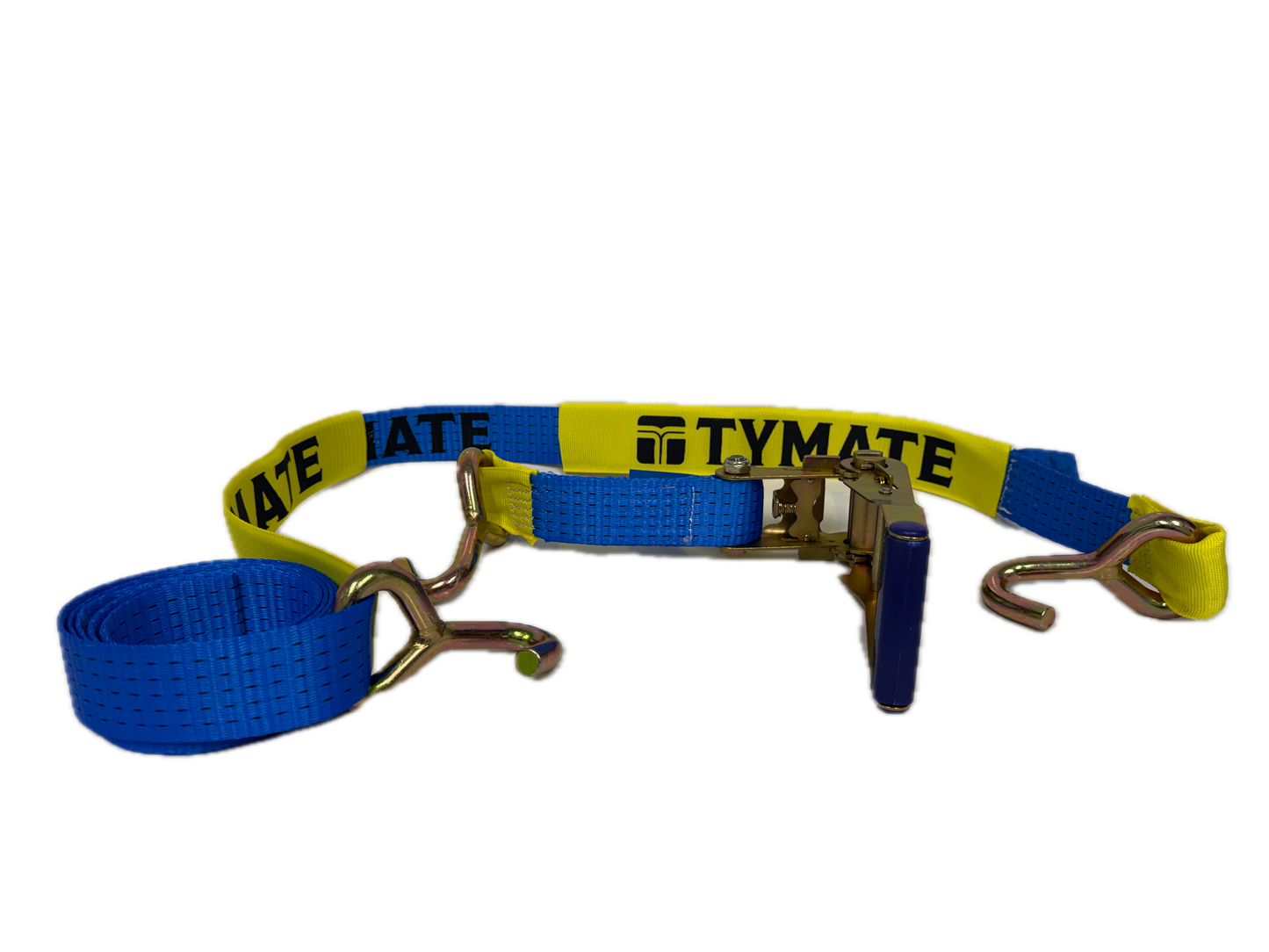 Blue ratchet strap with yellow handles on a white background