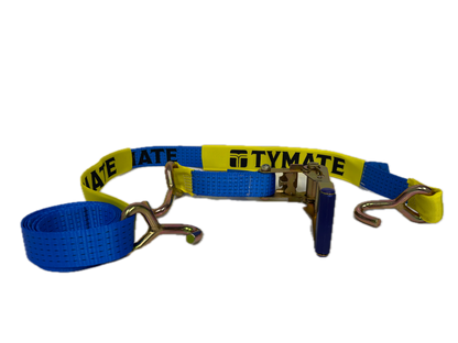 Blue ratchet strap with yellow handles on a white background