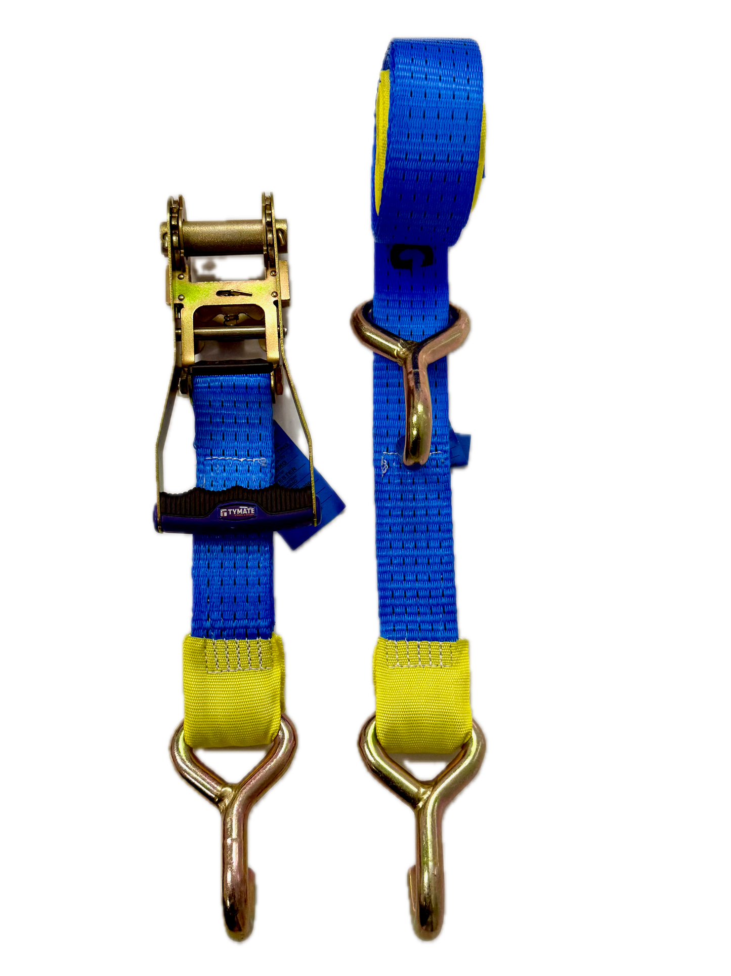 Blue ratchet strap with gold ratchet and hooks on a white background