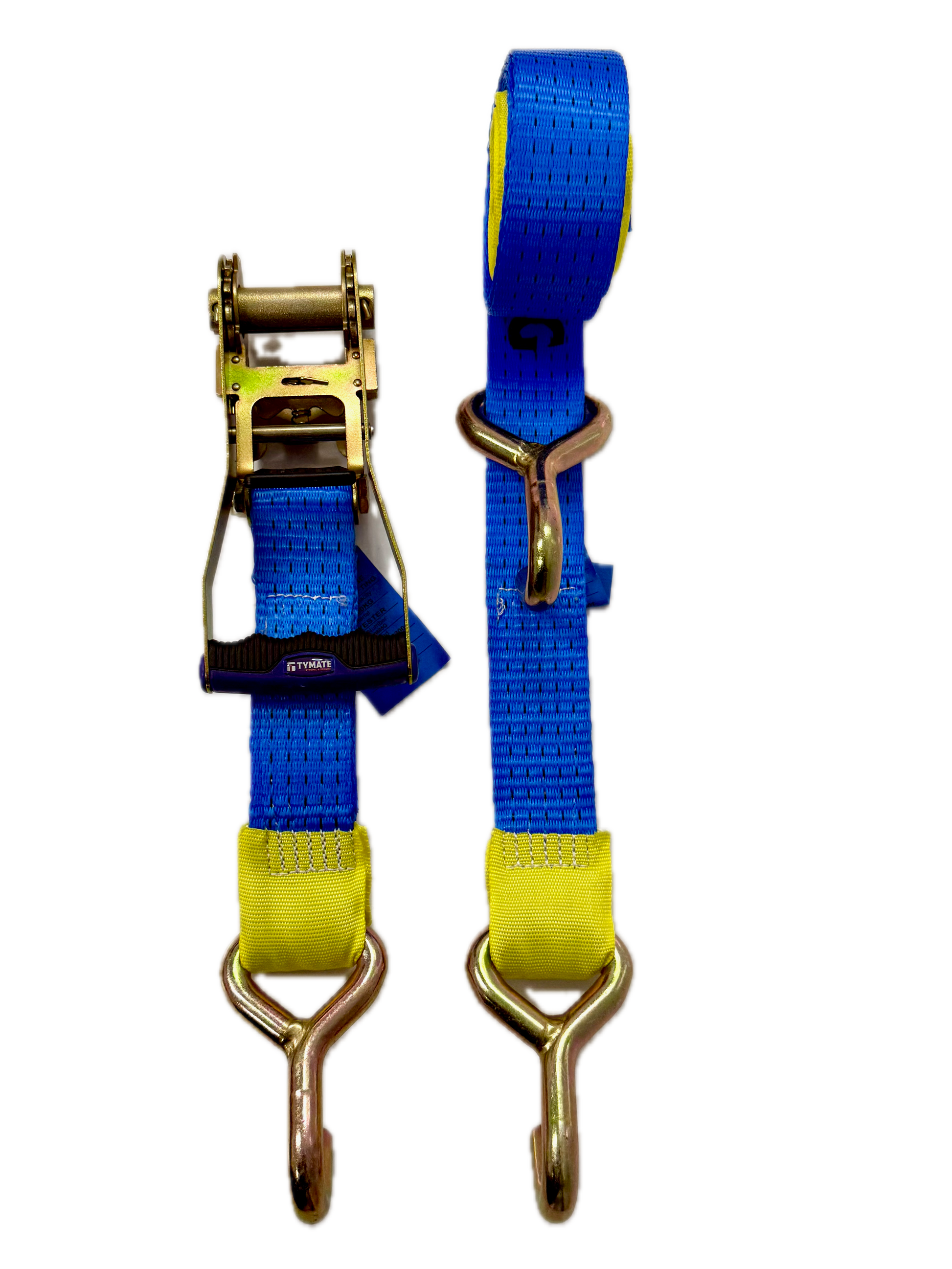 Blue ratchet strap with gold ratchet and hooks on a white background