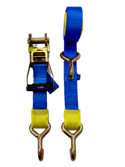 Blue ratchet strap with gold ratchet and hooks on a white background