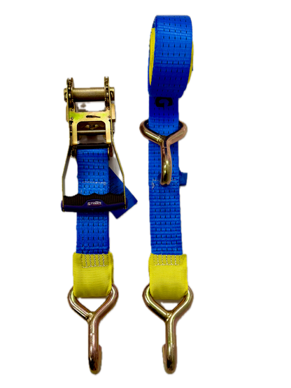 Blue ratchet strap with gold ratchet and hooks on a white background