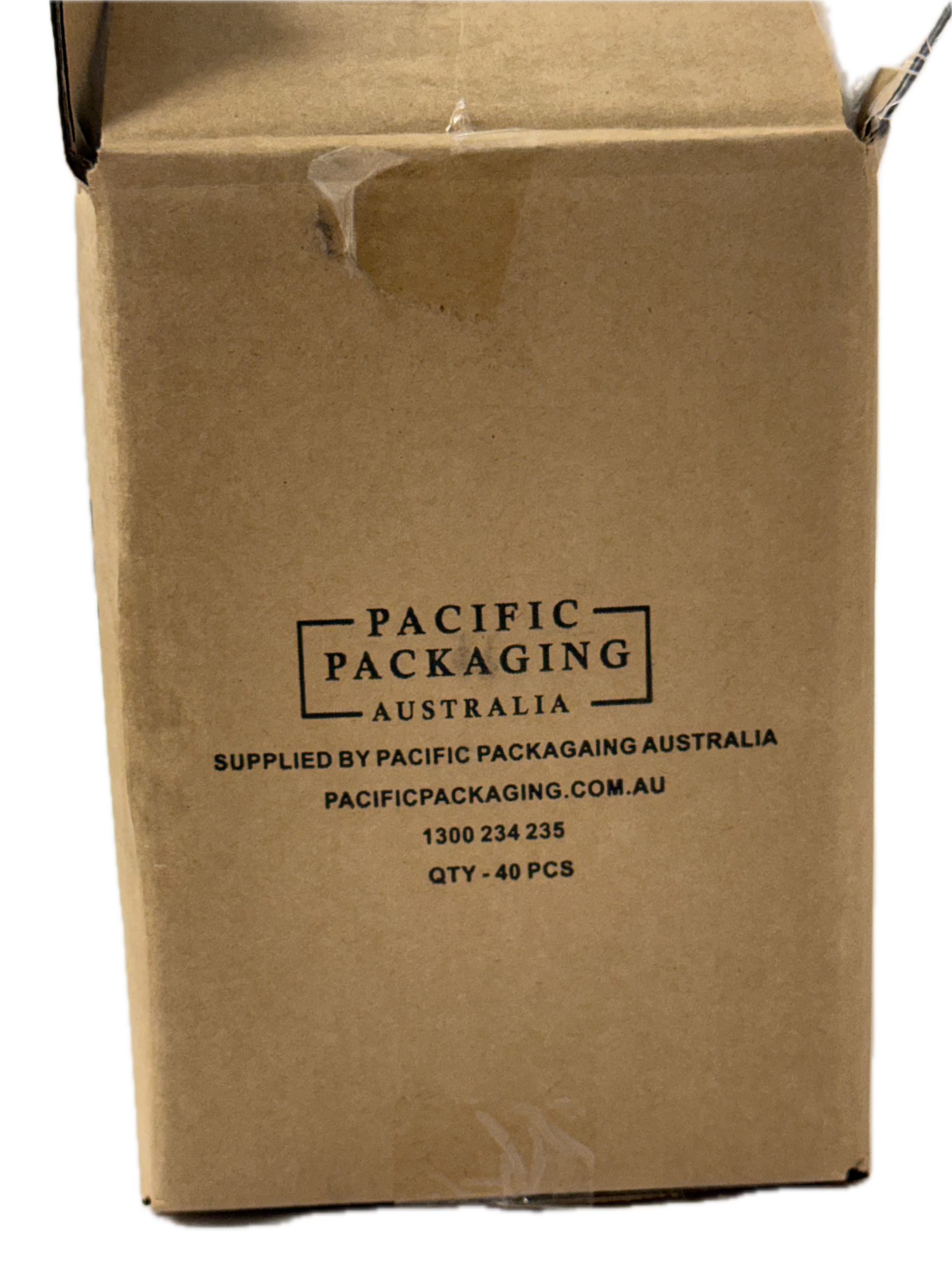 Brown cardboard box with 'Pacific Packaging Australia' branding on a white background