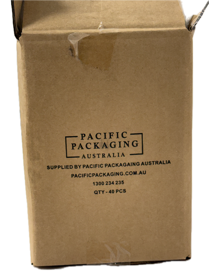 Brown cardboard box with 'Pacific Packaging Australia' branding on a white background