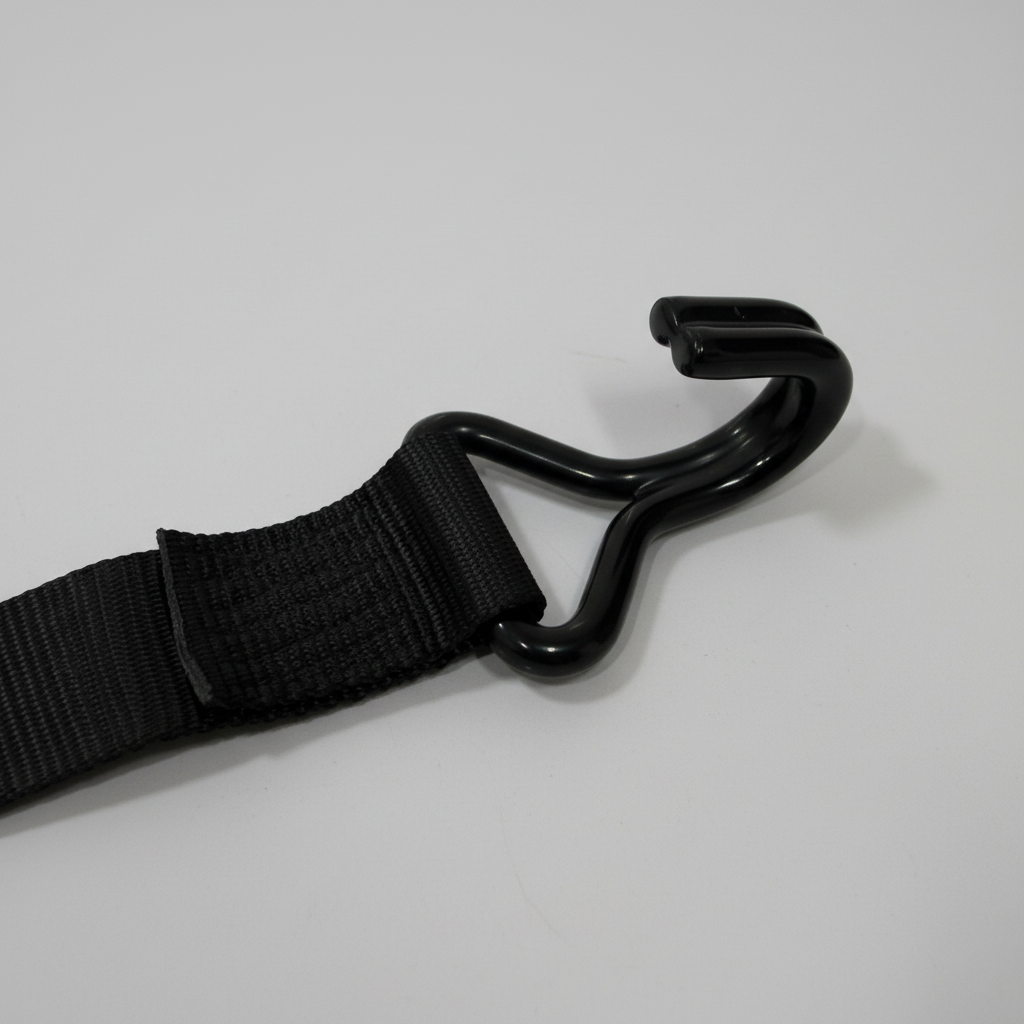 Black metal S-hook attached to black nylon webbing strap on white background
