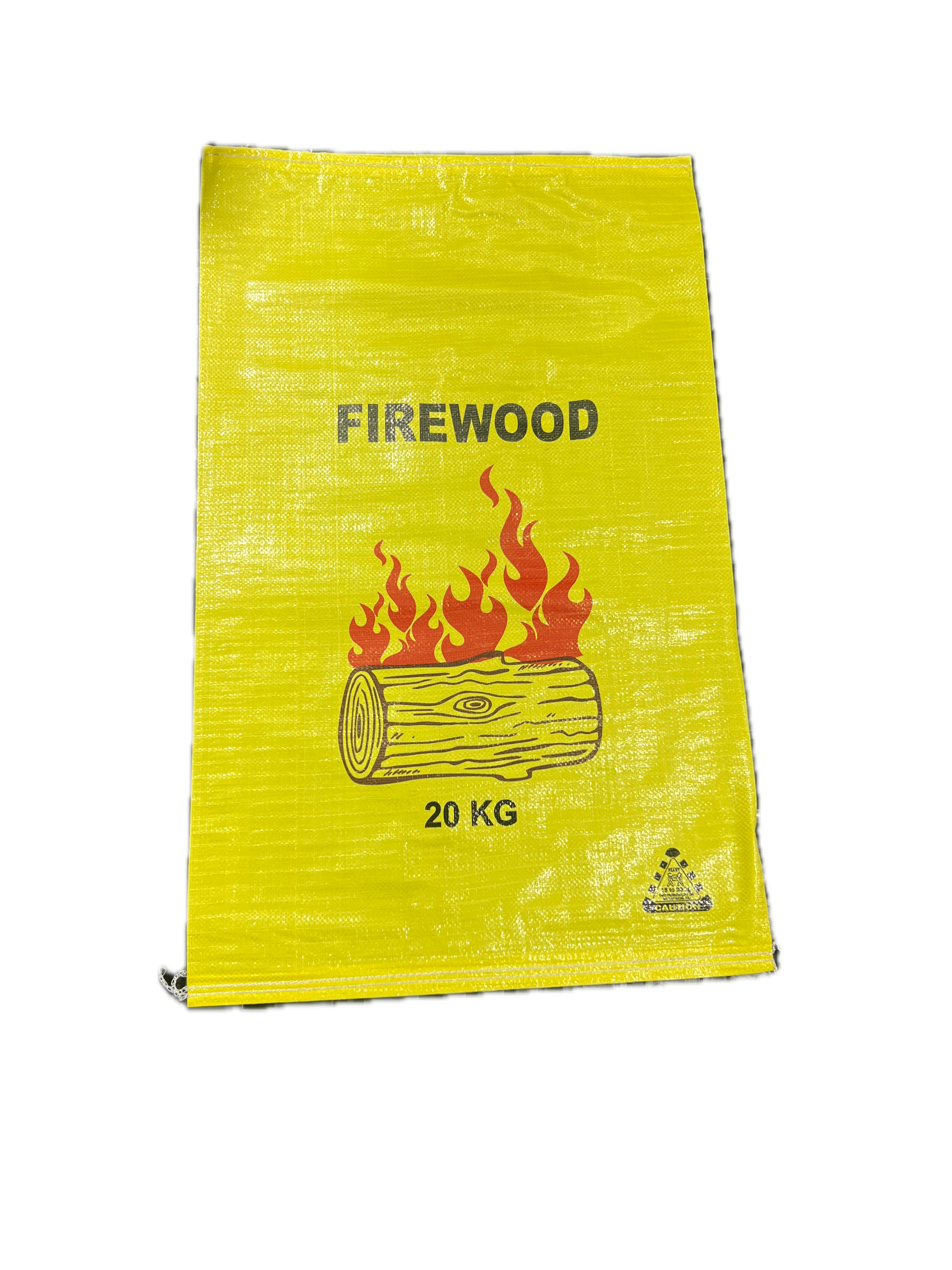 Yellow bag of firewood with a firewood log illustration and text on a white background