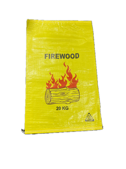 Yellow bag of firewood with a firewood log illustration and text on a white background