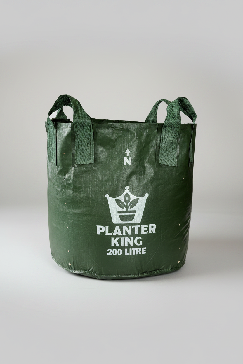 Planter King 200L planter bag, back view, green HDPE fabric with handles